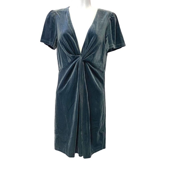 Aqua Blue-Gray Velvet Shimmer Stretch Deep V-Neck Plunge Cocktail Party Dress - Picture 2 of 13